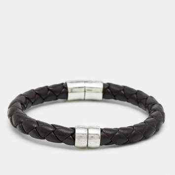 Pre Owned Bottega Veneta Woven Leather Sterling Silver Bracelet