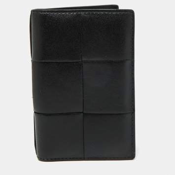 Pre Owned Bottega Veneta Black Leather Cassette Flap Card Case