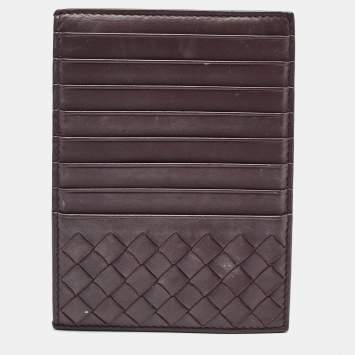 Pre Owned Bottega Veneta Dark Burgundy Intrecciato Leather Card Holder