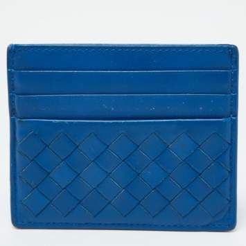 Pre Owned Bottega Veneta Blue Intrecciato Leather Card Holder