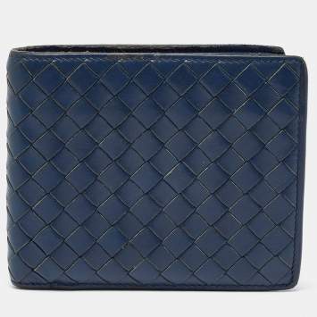 Pre Owned Bottega Veneta Blue Intrecciato Leather Bifold Wallet