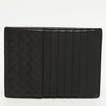 Pre Owned Bottega Veneta Brown Leather Intrecciato Card Holder