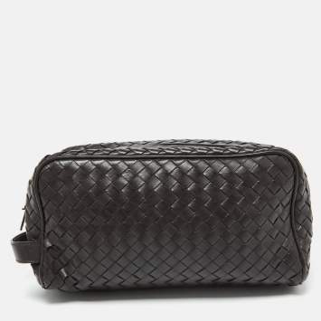 Pre Owned Bottega Veneta Dark Brown Intrecciato Leather Travel Pouch