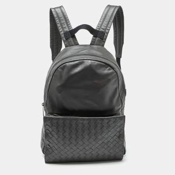 Pre Owned Bottega Veneta Grey Leather Intrecciato Pocket Backpack