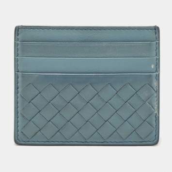 Pre Owned Bottega Veneta Light Blue Intrecciato Leather Card Holder