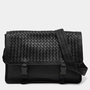 Pre Owned Bottega Veneta Black/Grey Intrecciato Leather and Nylon Messenger Bag