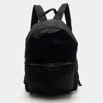 Pre Owned Bottega Veneta Black Intrecciato Leather and Nylon Foldable Backpack