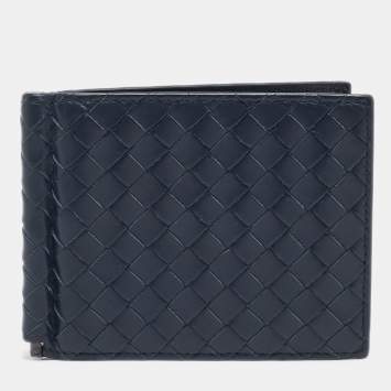 Bottega Veneta Navy Blue Intrecciato Leather Money Clip Bifold Wallet
