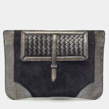 Bottega Veneta Midnight Blue/Black Snakeskin and Suede Flat Zip Pouch