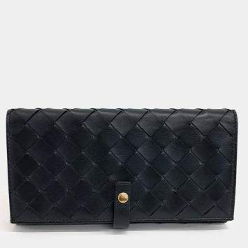 Pre Owned Bottega Veneta Black Leather Mesh Long Wallet