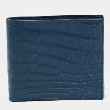 Pre Owned Bottega Veneta Blue Crocodile Bifold Wallet