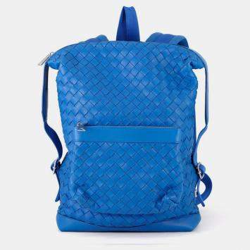 Pre Owned Bottega Veneta Intrecciato Backpack Blue Leather