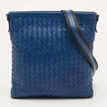 Pre Owned Bottega Veneta Blue Intrecciato Leather Messenger Bag