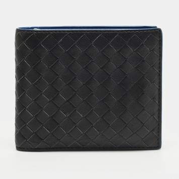 Pre Owned محفظة بوتيغا فينيتا ثنائية الطي جلد إنتريشياتو أسود/أزرق