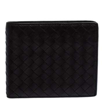 Pre Owned Bottega Veneta Dark Brown Intrecciato Leather Bifold Wallet