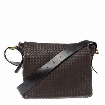 Pre Owned Bottega Veneta Dark Brown Intrecciato Leather Flap Messenger Bag