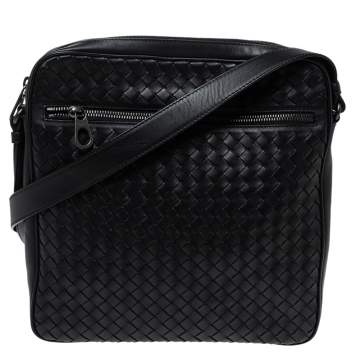 Pre Owned Bottega Veneta Black Intrecciato Leather Pocket Zip Messenger Bag