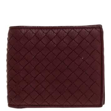 Pre Owned Bottega Veneta Maroon Intrecciato Leather Bifold Wallet
