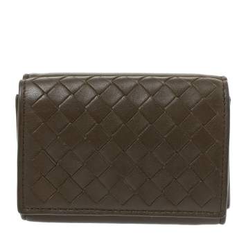 Pre Owned Bottega Veneta Olive Green Intrecciato Leather Trifold Wallet