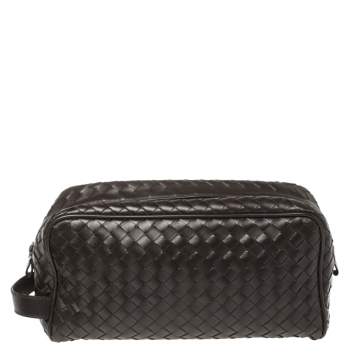 Pre Owned Bottega Veneta Dark Brown Intrecciato Leather Toiletry Pouch