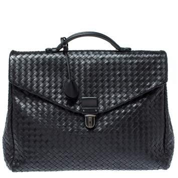 Pre Owned Bottega Veneta Black Intrecciato Leather Briefcase  