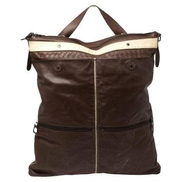 Pre Owned Bottega Veneta Dark Brown/Cream Perforated Leather Pocket Tote