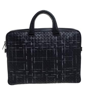 Pre Owned Bottega Veneta Black Intrecciato Leather Stitched Detail Briefcase