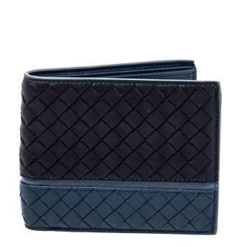 Pre Owned Bottega Veneta Black/Blue Intrecciato Leather Bifold Wallet