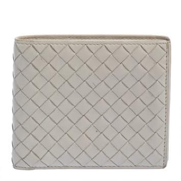 Pre Owned Bottega Veneta Off White Intrecciato Leather Bifold Wallet