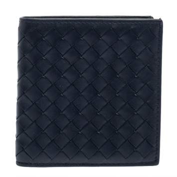 Pre Owned Bottega Veneta Navy Blue Intrecciato Leather Card Holder