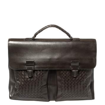 Pre Owned Bottega Veneta Dark Brown Intrecciato Leather Briefcase