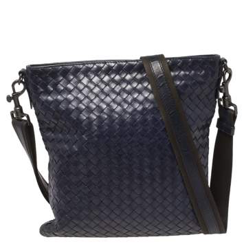 Pre Owned Bottega Veneta Blue Intrecciato Leather Messenger Bag