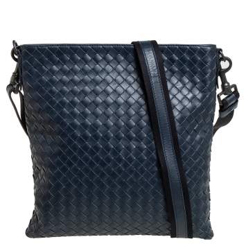 Pre Owned Bottega Veneta Blue Intrecciato Leather Messenger Bag