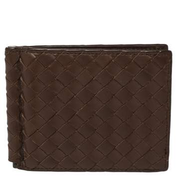 Pre Owned Bottega Veneta Brown Intrecciato Leather Money Clip Bifold Wallet