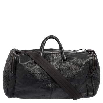 Pre Owned Bottega Veneta Black Intrecciato Leather Duffle Bag