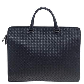 Pre Owned Bottega Veneta Black Intrecciato Leather Laptop Briefcase 