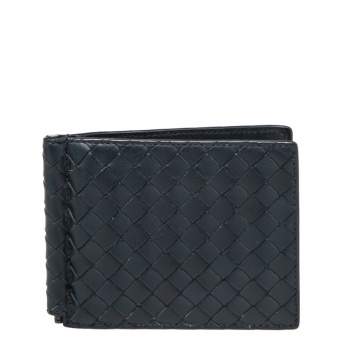 Pre Owned Bottega Veneta Navy Blue Intrecciato Leather Money Clip Bifold Wallet