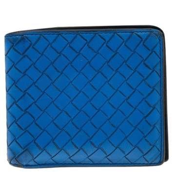 Pre Owned Bottega Veneta Blue Intrecciato Leather Bifold Wallet