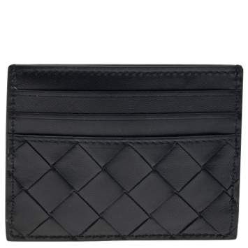 Pre Owned Bottega Veneta Black Intrecciato Leather Card Holder