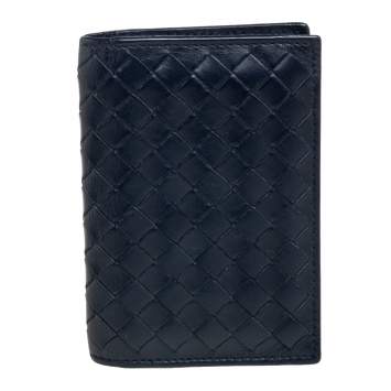 Pre Owned Bottega Veneta Navy Blue Intrecciato Leather Card Holder