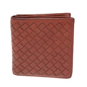 Pre Owned Bottega Veneta Brown Intreciatto Leather Bifold Compact Wallet