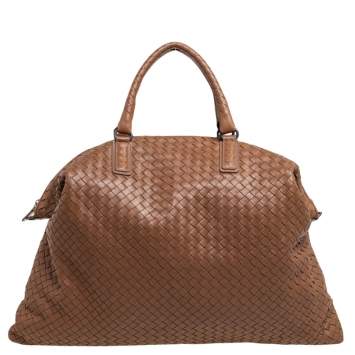 Pre Owned Bottega Veneta Brown Intrecciato Leather Weekender Bag