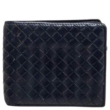 Pre Owned Bottega Veneta Dark Blue Intrecciato Leather Bifold Wallet