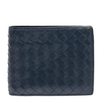 Pre Owned Bottega Veneta Blue Intrecciato Leather Bifold Compact Wallet