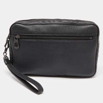 Pre Owned Bottega Veneta Black Intrecciato Leather Wristlet Pouch