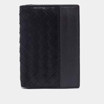 Pre Owned Bottega Veneta Black/Grey Intrecciato Leather Bifold Compact Wallet