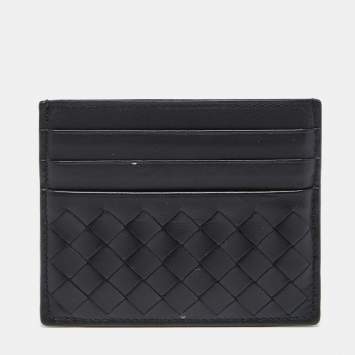 Pre Owned Bottega Veneta Black Intrecciato Leather Card Holder