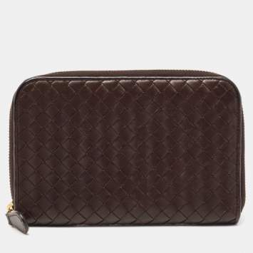 Pre Owned Bottega Veneta Dark Brown Intrecciato Leather Zip Around Wallet Organizer