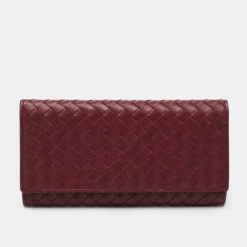 Pre Owned Bottega Veneta Burgundy Intrecciato Leather Flap Continental Wallet