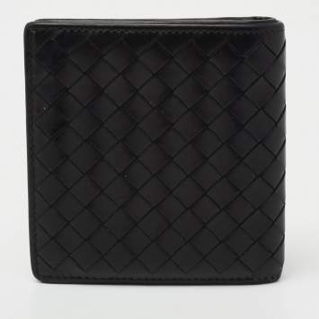 Pre Owned Bottega Veneta Black Intreciatto Leather Bifold Compact Wallet
